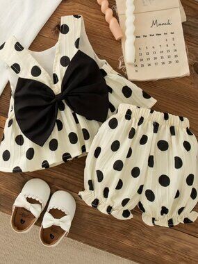 Polka Dot Top & Bottom Cuteness Summer Two-Piece Set for Girls w/ Oversized Bow